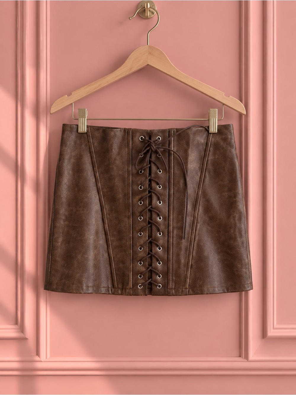 Edikted Brown Lace-Up Faux Leather Mini Skirt Size XS